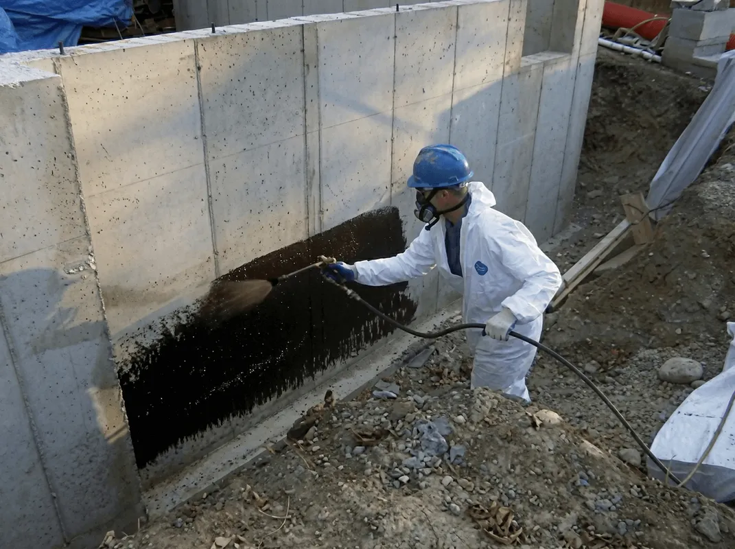 Professional waterproofing the exterior walls of the basement in Portland, OR